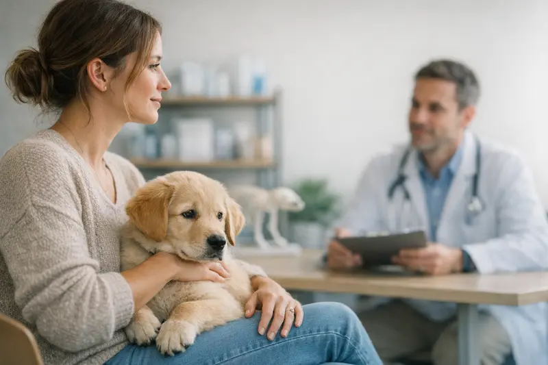 Welpen und Wartezeiten bei der Krankenversicherung Ein glücklicher Welpe spielt fröhlich im Garten, während seine Besitzerin sich um die Gesundheit und Versicherung sorgt.