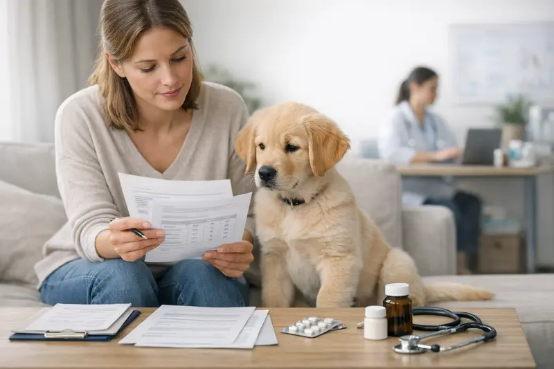 Tierarztberatung Hundekrankenversicherung Ein Hund mit Tierarzt beim Beratungsgespräch über Krankheitskosten und Versicherungsoptionen.