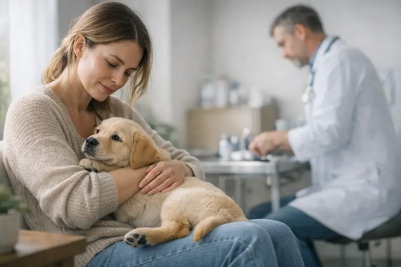 Welpe Gesundheitscheck Welpe beim tierärztlichen Check-up zur Gesundheitsvorsorge