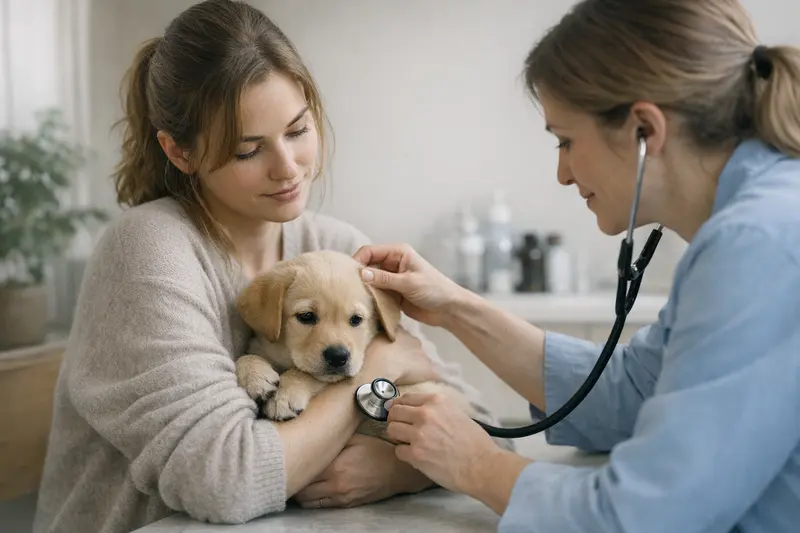 Welpenversicherung sinnvoll Ein glücklicher Welpe spielt im Garten, während sein Besitzer über eine Tierkrankenversicherung nachdenkt.