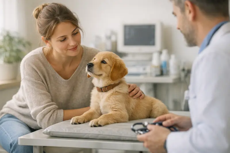 Welpe und Tierarztkosten Ein junger Welpe erkundet neugierig seine neue Umgebung und symbolisiert den Beginn der Tierarztkosten.