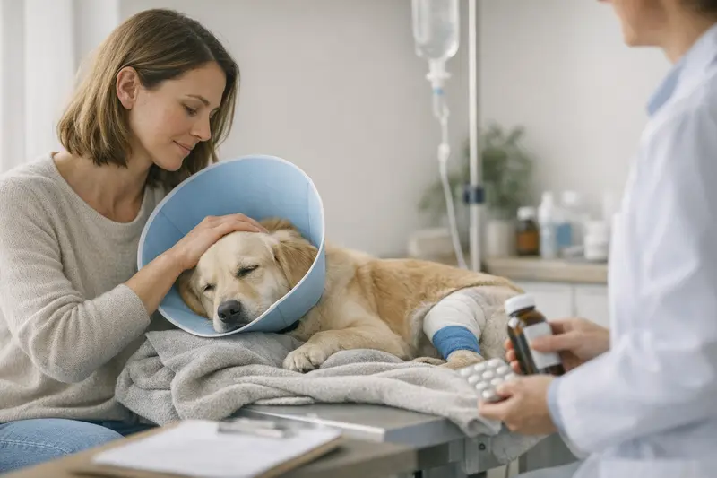 Nachbehandlung Hund Tierarzt Ein Hund auf dem Tisch beim Tierarzt, der eine Nachbehandlung erhält.