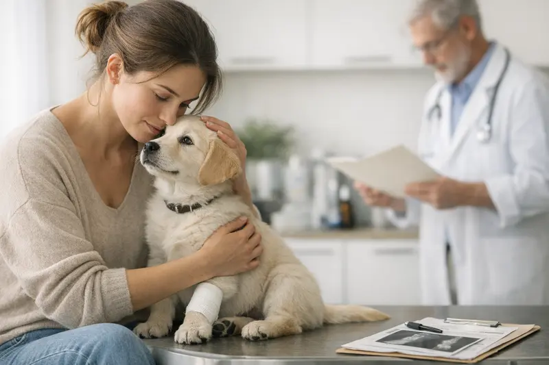 Ein Welpe beim Tierarzt, der untersucht wird; wichtig für die Absicherung durch eine Hundeversicherung.