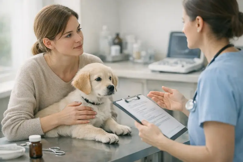 Wichtige Tarifpunkte bei der Tierkrankenversicherung für Welpen Welpe beim Tierarzt zur Untersuchung