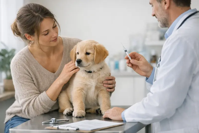 Hund beim Tierarzt zur Impfung Ein Hund wird beim Tierarzt geimpft, um die Bedeutung von Impfungen für die Hundegesundheit zu verdeutlichen.