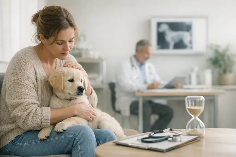 Hundeversicherung Wartezeiten Tipps Älterer Hund zusammen mit einem Tierarzt beim Gesundheitscheck, um über Wartezeiten bei der Hundeversicherung informiert zu werden.