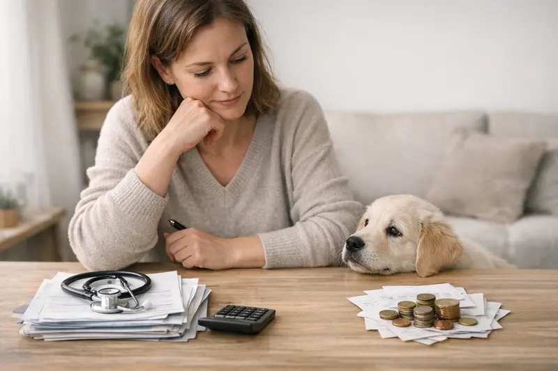 Ein Hundebesitzer bespricht mit einem Tierarzt die Behandlungskosten und Absicherungsmöglichkeiten für seinen Hund.