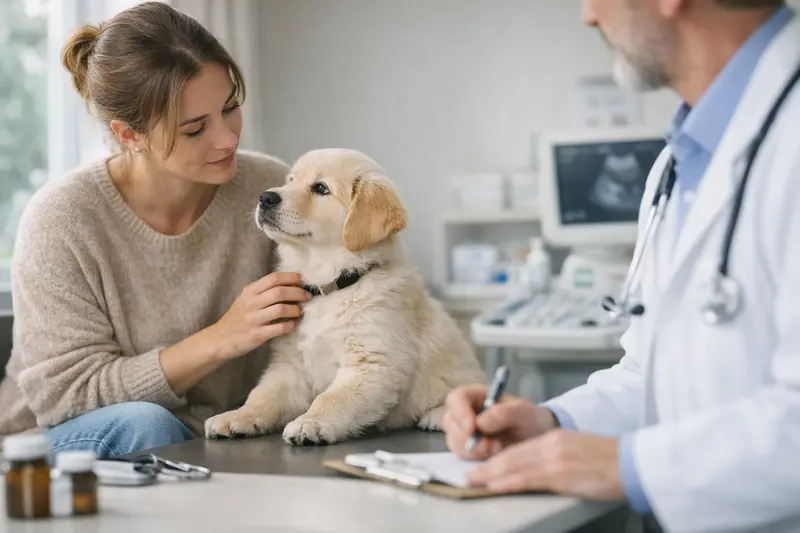 Welpe beim Spielen Welpe spielt mit einem Spielzeug, während die Tierarztkosten und Absicherung der Gesundheit im Fokus stehen.