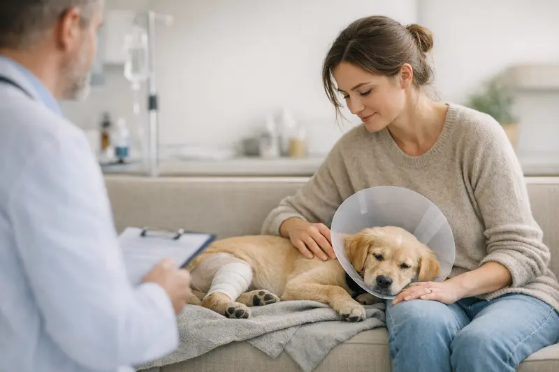 Hundeärztin untersucht einen Hund nach einer Operation in einer Klinik.