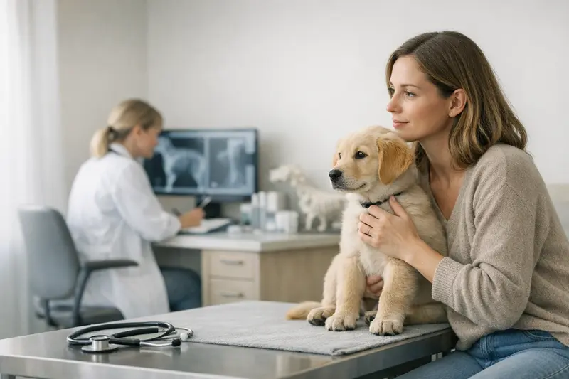 Tierarztbesuch Hund - OP-Schutz oder umfassender Schutz? Ein Hund wird von einem Tierarzt untersucht, während der Halter sich über OP-Schutz und umfassenden Schutz informiert.