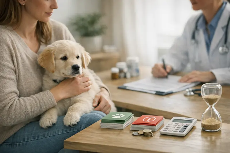 Hundebesitzerin lernt über Versicherungstarife Eine glückliche Hundebesitzerin betrachtet die Informationen zur Hundversicherung und den unterschiedlichen Tarifen.