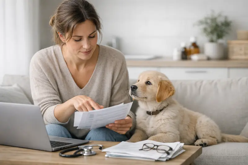 Hund beim Tierarztvergleich Ein Hund bei einem Tierarzt, der an den Bedingungen einer Tierkrankenversicherung aufgeklärt wird.