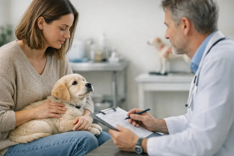 Ein Welpe erkundet sein neues Zuhause und steht vor der Entscheidung einer Tierkrankenversicherung.