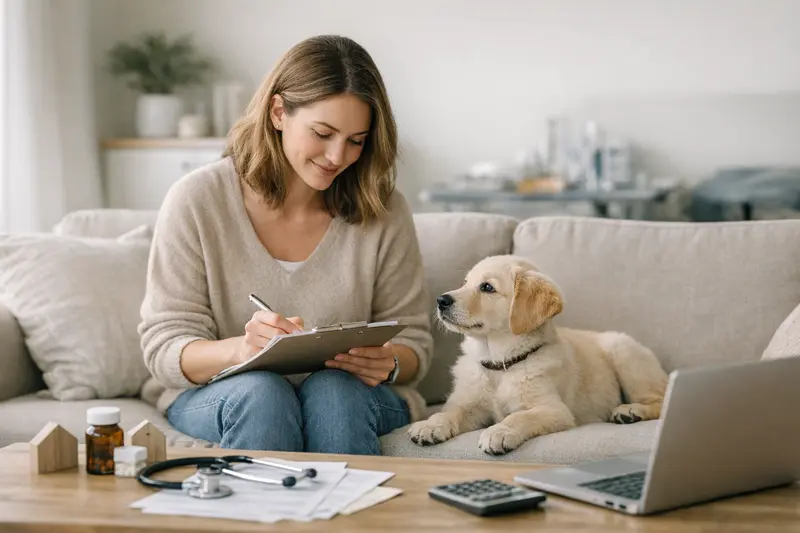Ein Welpe sitzt bei einem Tierarzt und schaut neugierig, während der Halter die optimale Versicherung für ihn vorbereitet.