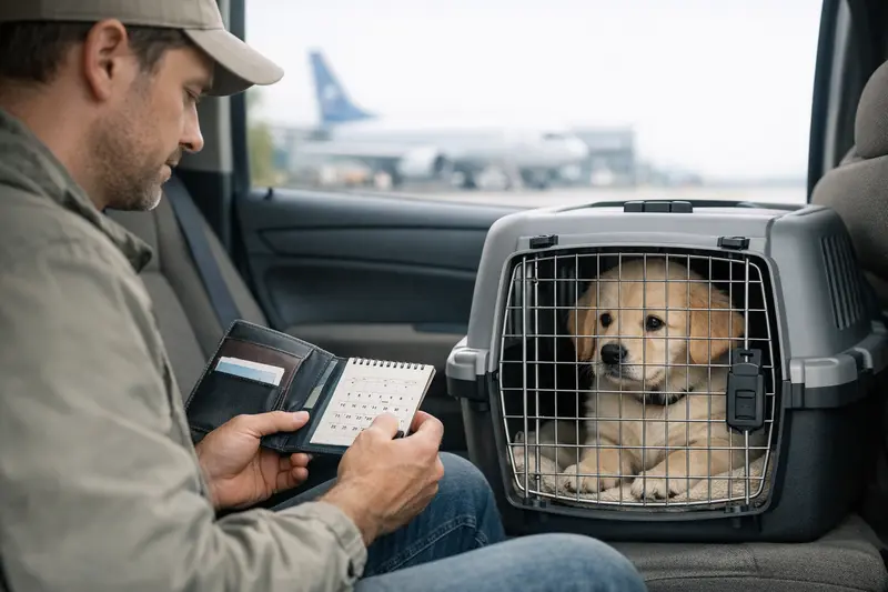 Eine gesundheitsbewusste Hundebesitzerin prüft die Impfungen ihres Hundes vor einer Reise.