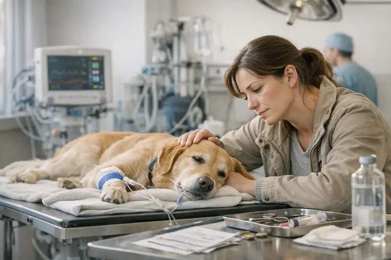 Kostenfaktoren bei Notfallbehandlungen für Haustiere Notfallbehandlung eines Hundes beim Tierarzt, die Kostenfaktoren wie Diagnostik und Nachsorge beleuchtet.