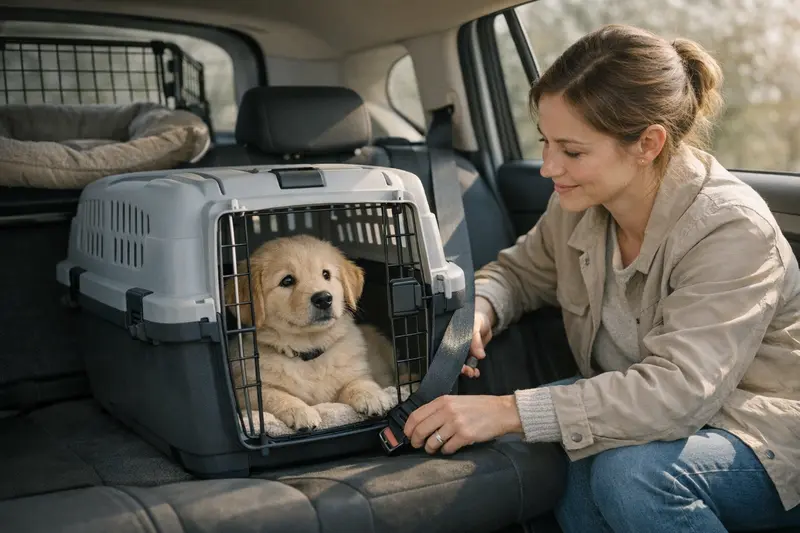 Sichere Transportlösungen für Welpen im Auto Sichere Transportbox für einen Welpen im Auto, die sicher fixiert ist.