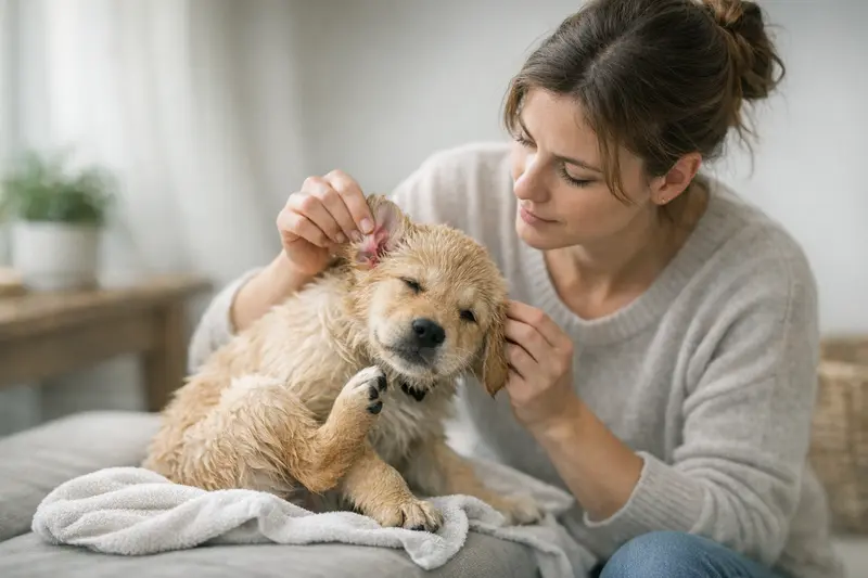 Warnzeichen einer Ohrenentzündung bei Hunden Hund mit Anzeichen einer Ohrenentzündung nach dem Baden, wie Kopfschütteln und Kratzen am Ohr.