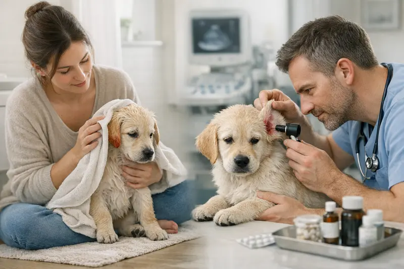 Tierarztkosten durch Pflegefehler Ein Hund bei der Untersuchung durch einen Tierarzt, der die möglichen Kosten für Pflegefehler thematisiert.