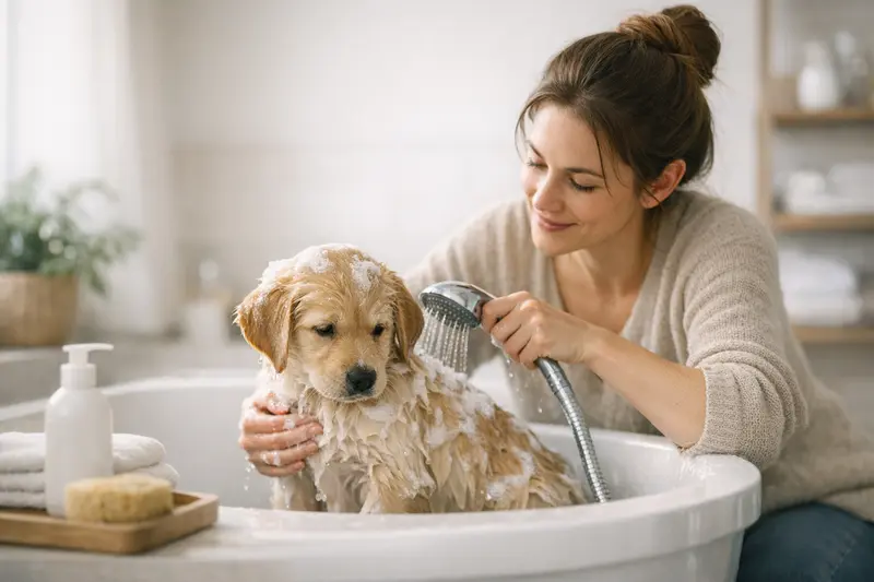Welpenbad mit geeignetem Shampoo Welpenbad mit mildem Shampoo für die sanfte Reinigung des Fells.