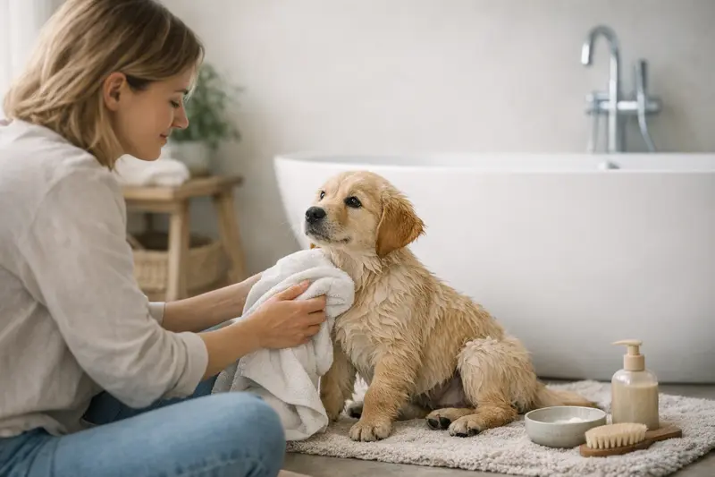 Ein Welpe wird sanft in einer Badewanne gereinigt, um seine Haut gesund zu halten.