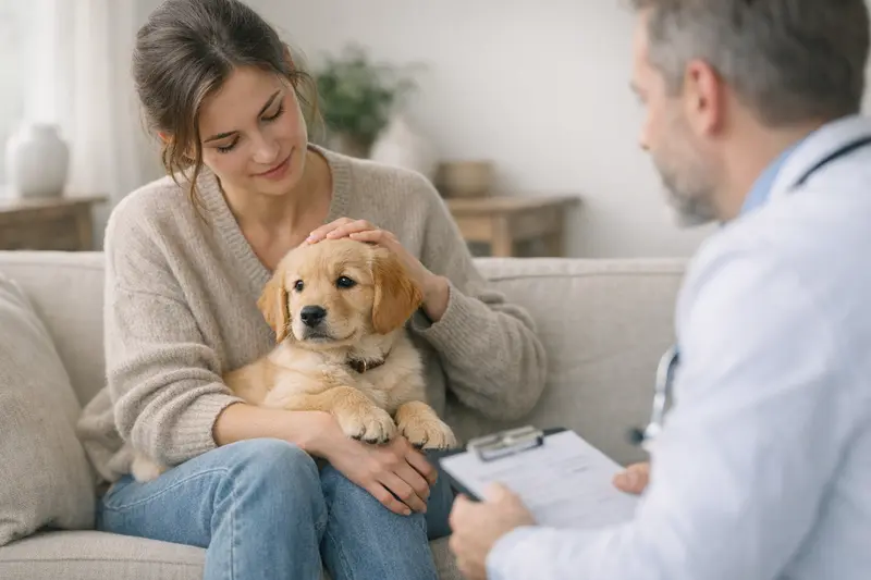 Welpenabsicherung beim Tierarzt Welpenbesitzer mit ihrem neuen Welpen bei einem Tierarztbesuch, um wichtige gesundheitliche Aspekte zu klären.