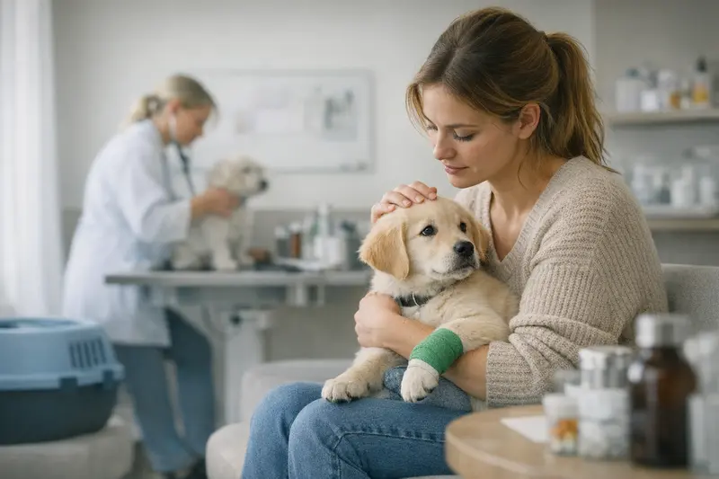 Welpenuntersuchung beim Tierarzt Welpe beim Tierarzt zur Gesundheitsuntersuchung während der ersten Lebensmonate.