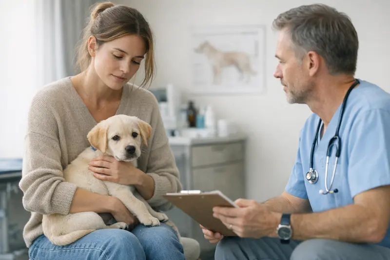 Welpe mit Tierarzt, der Gesundheitszustand vor Versicherungsbeginn überprüft.