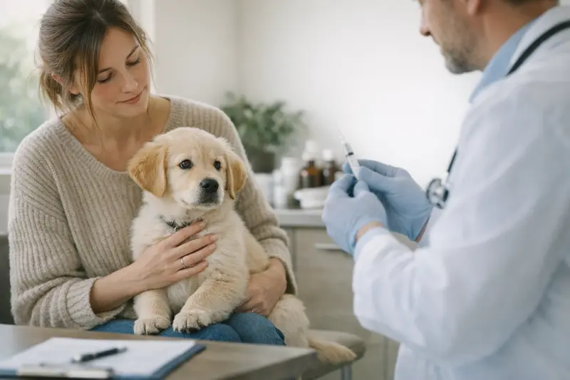 Ein Hund beim Tierarzt, während einer Gesundheitsuntersuchung.