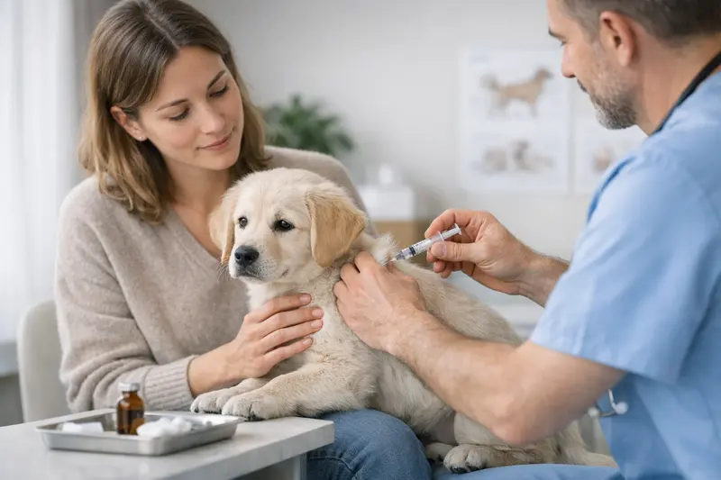 Impfungen und Vorsorge in der Hundeversicherung Welpe beim Tierarzt mit Impfstoff für Vorsorgeuntersuchungen