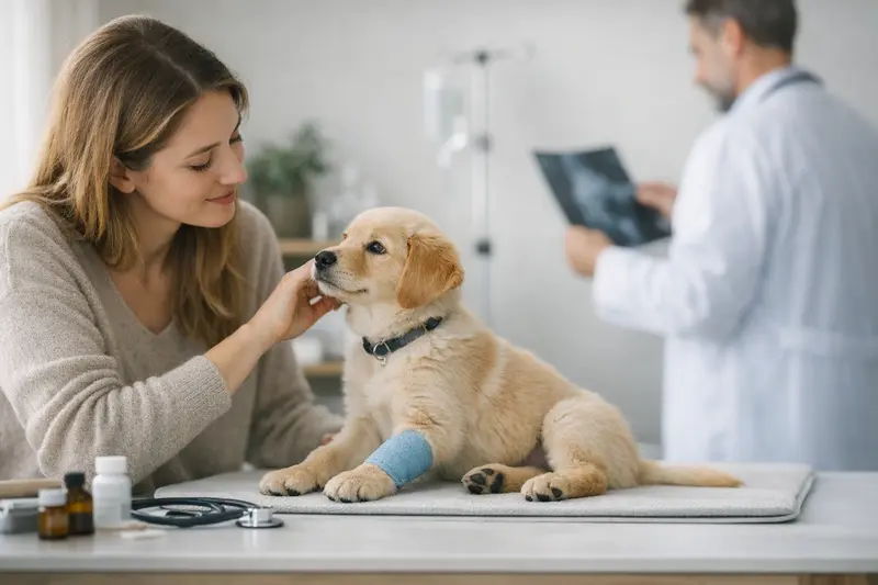 Welpe im Tierarztbesuch Welpe beim Tierarzt, der eine umfassende Untersuchung erhält, um Gesundheitskosten und Versicherungsfragen zu klären.