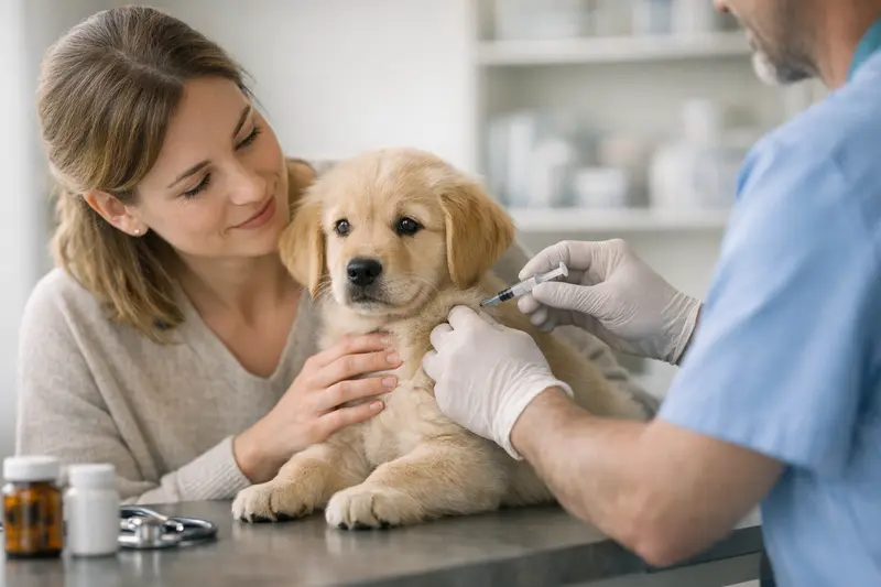 Tierarztbesuch für Hundevorsorge Ein gesunder Hund beim Tierarzt für Impfungen und Vorsorgeuntersuchungen.