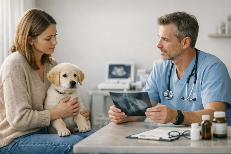 Tierarztbesuch mit Welpen Welpen beim ersten Tierarztbesuch, um den OP-Schutz und die Krankenversicherung zu besprechen.