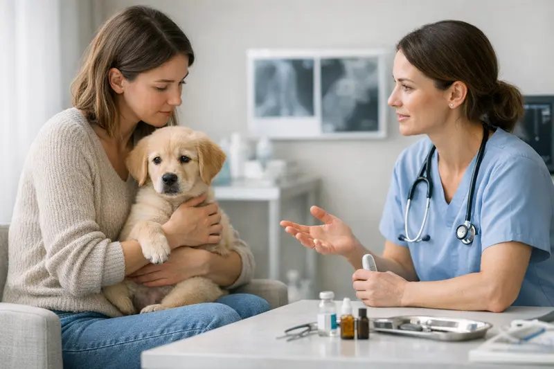 Ein Welpenbesitzer mit seinem Hund beim ersten Tierarztbesuch zur Untersuchung und Impfung.