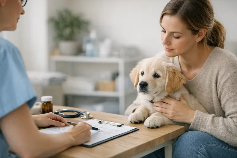Hund beim Tierarzt – Tarifvergleich für Hundeversicherungen Ein fröhlicher Hund beim Tierarzt, der darüber nachdenkt, welche Versicherung am besten zu ihm passt.