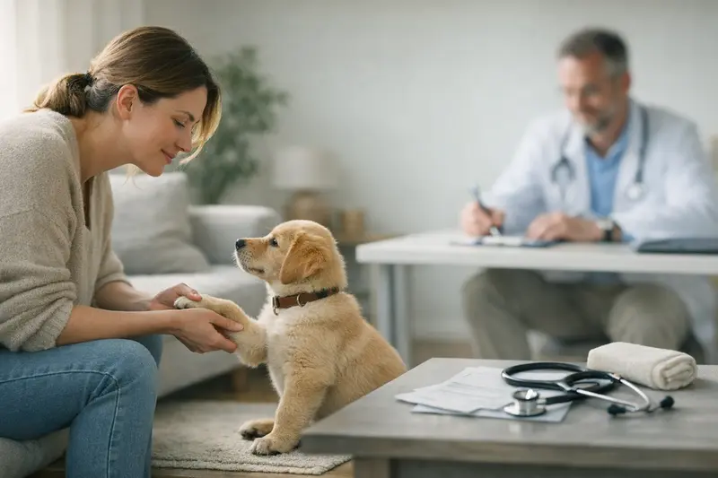 Hundeerziehung und Versicherungsschutz Ein Hund wird von seinem Halter trainiert, während ein Tierarzt im Hintergrund auf die Gesundheit achtet.