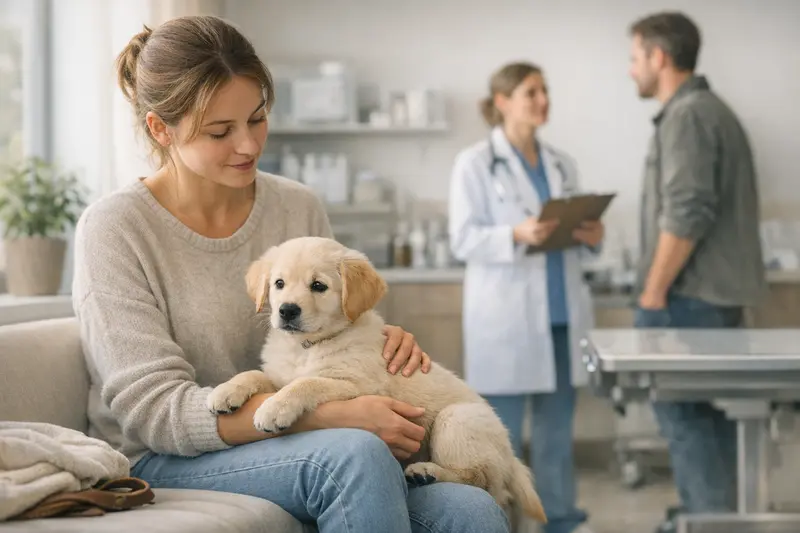 OP-Absicherung für Welpen Welpe beim Tierarzt für eine Untersuchung zur OP-Absicherung
