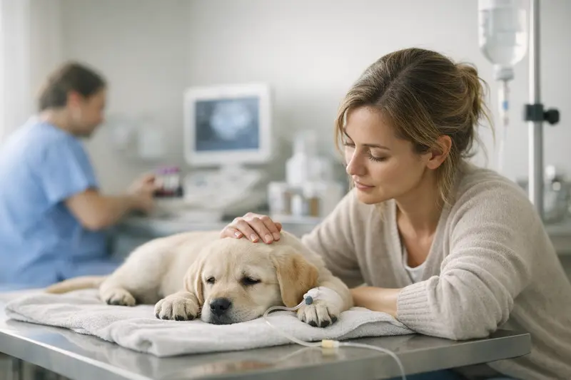 Tierarztbesuch bei Magen-Darm-Problemen bei Hunden Ein Hund beim Tierarzt, der auf Magen-Darm-Probleme untersucht wird, symbolisiert die Tierarztkosten.
