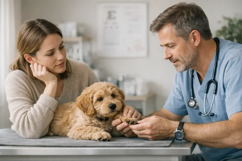 Wartezeiten und Vorerkrankungen bei der Hundeversicherung Eine glückliche Familie mit einem Welpen beim Tierarzt, der über Wartezeiten und Vorerkrankungen informiert.