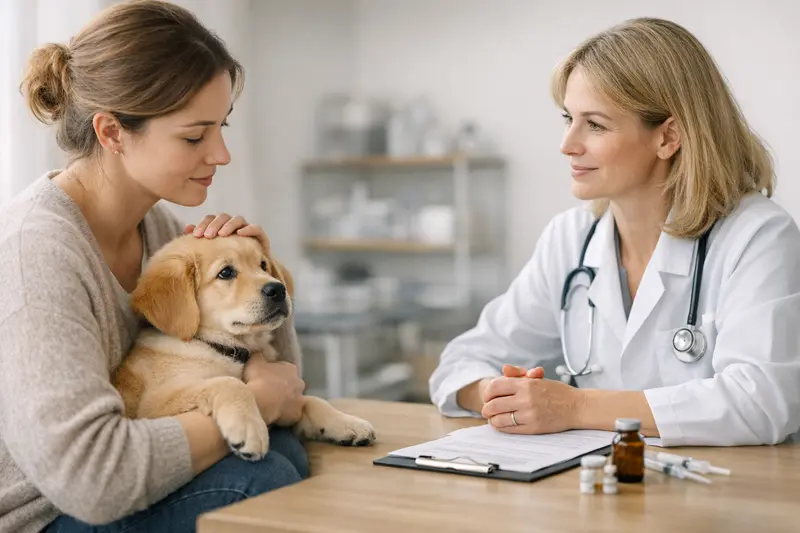 Hundeimpfung beim Tierarzt Ein gesunder Hund beim Tierarzt, bereit für eine Impfung