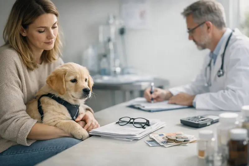 Wichtige Tarifdetails Hundekrankenversicherung Hundehalter bespricht wichtige Tarifdetails einer Hundekrankenversicherung mit dem Tierarzt.
