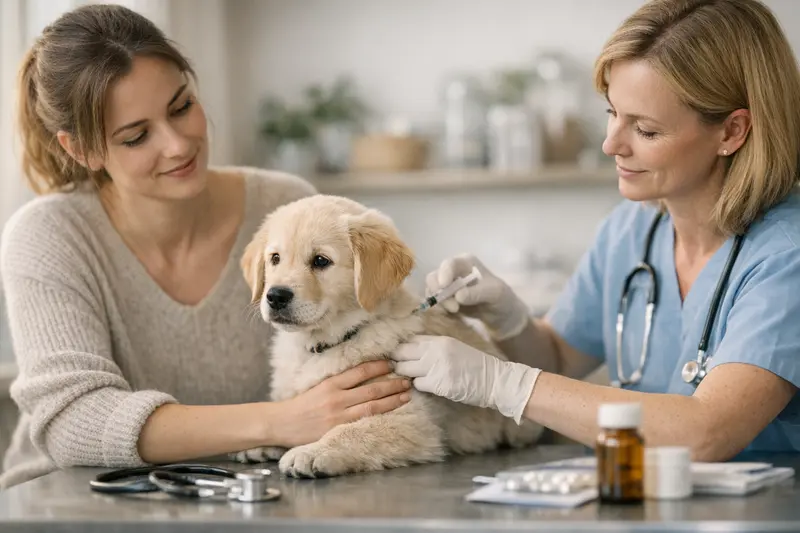 Impfungen und Vorsorge bei Hundevericherung Tierarztbesuch mit Hund, der auf Impfung vorbereitet wird, symbolisiert die Frage nach Versicherungsleistungen.