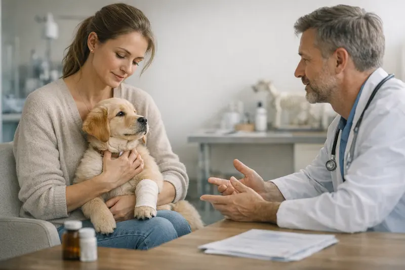 Unterschied zwischen OP-Schutz und Kranken-Schutz bei Hunden Hundehalter und Tierarzt besprechen den Unterschied zwischen OP-Schutz und Kranken-Schutz.