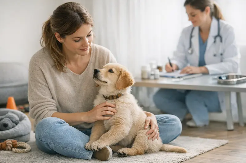 Ein glücklicher Welpe beim Tierarzt zur Gesundheitsuntersuchung