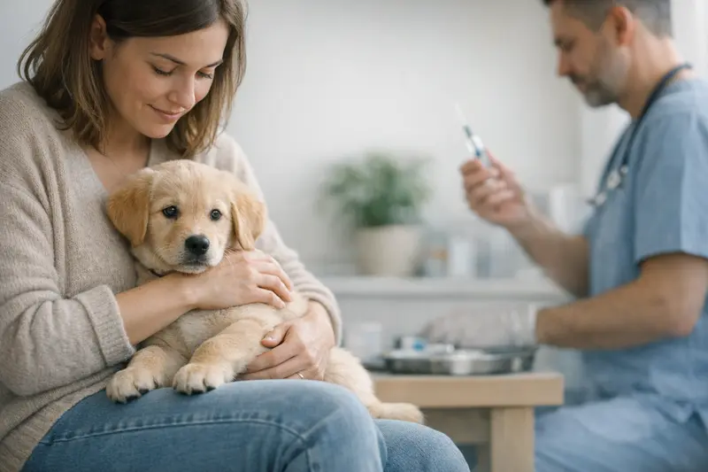 Welpe beim Tierarzt - Vorsorgeuntersuchung Ein Welpe wird beim Tierarzt untersucht, während der Besitzer über Impfungen und Vorsorgeleistungen nachdenkt.