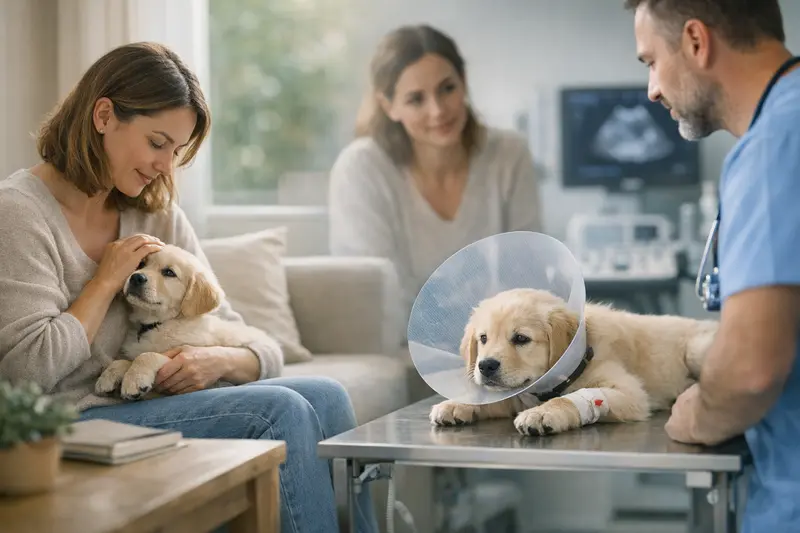 Tierärztliche Untersuchung eines Hundes Ein glücklicher Hund bei einer tierärztlichen Untersuchung, die die Wichtigkeit von OP-Abdeckung und Vorsorge-Erstattung verdeutlicht.
