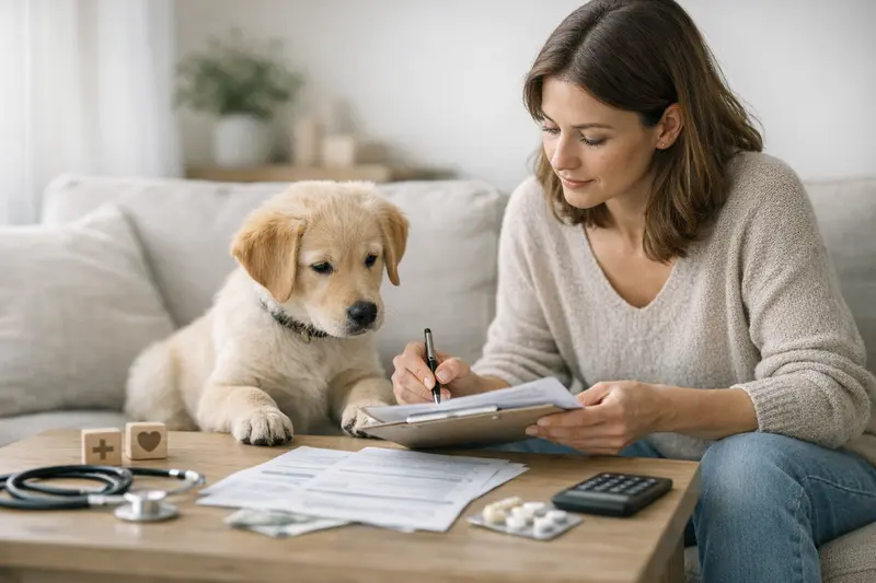 Hund Versicherungsvertrag Tarifdetails Ein Hundebesitzer, der einen Versicherungsvertrag für seinen Hund prüft.