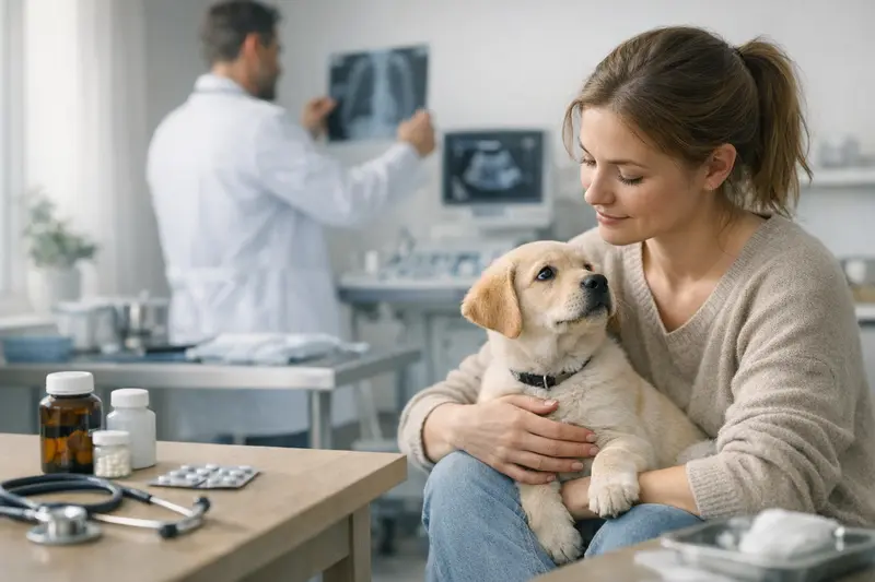 Leistungen für Welpen in der Tierkrankenversicherung Welpe beim Tierarzt zur Gesundheitsuntersuchung