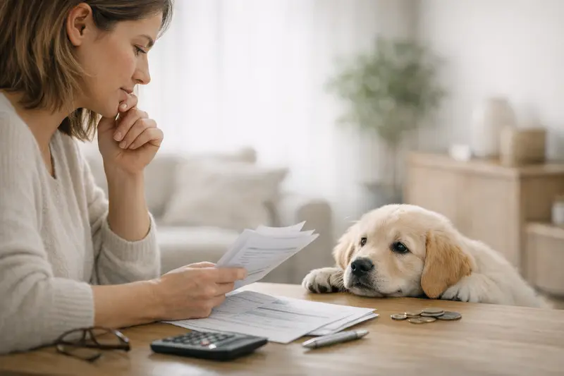 Tarifdetails der Tierkrankenversicherung Eine aufmerksame Tierhalterin überprüft die Tarifdetails ihrer Tierkrankenversicherung für ihren Hund.