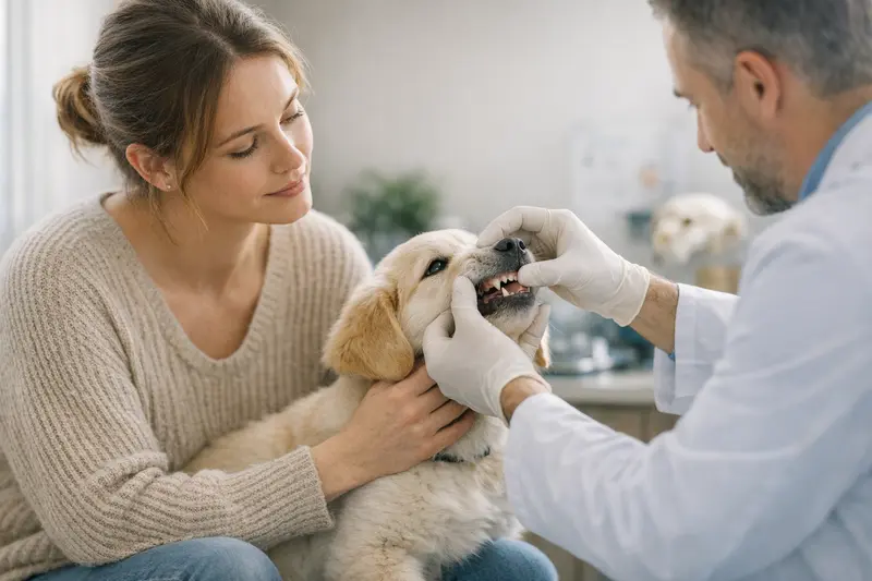 Tierarztbesuch für Zahnbehandlung beim Hund Hund beim Tierarzt, der eine Zahnbehandlung erhält, zur Klärung von Versicherungsleistungen.